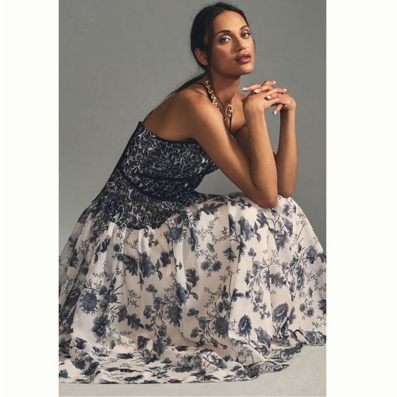 👗Anthropologie Floral Ruched Bodice Maxi Dress XL NWT Black White V-Neck Halter - Picture 8 of 15